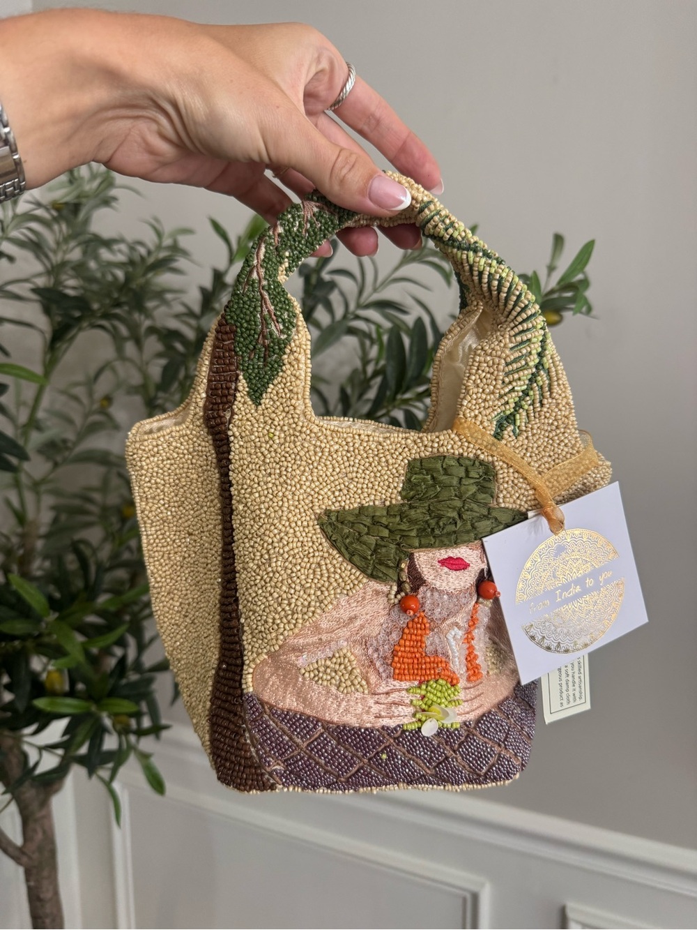 Made in India Lady with Hat Beaded tote bag